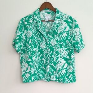 100% Linen Top Tropical Print Shirt Green Button Beach Boxy‎ Medium